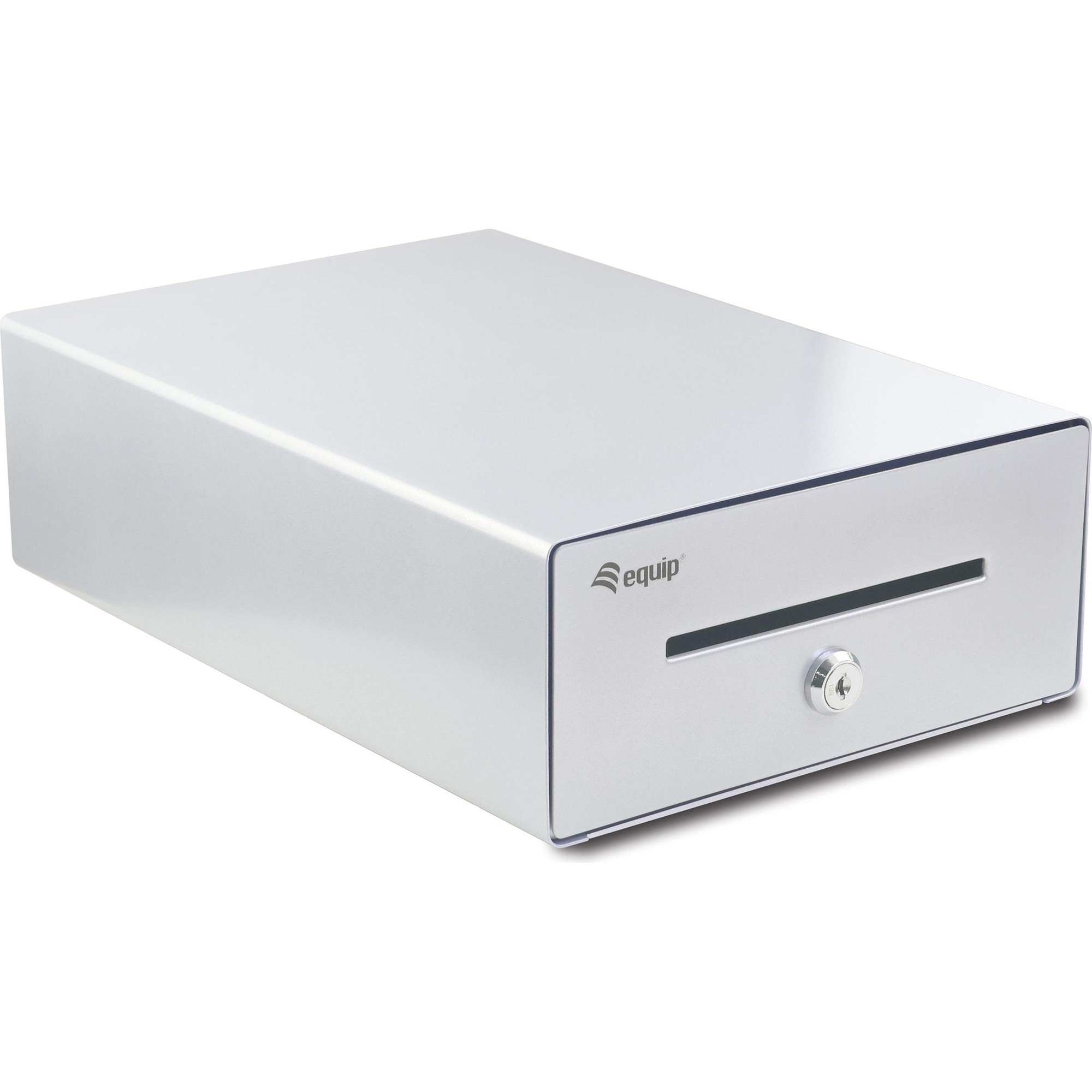 Silver cash register drawer with a sleek metal finish, featuring a secure lock, a single bill slot, and compartments for 4 bills and 4 coins, designed for POS systems.