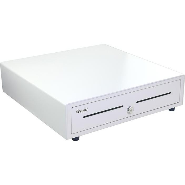 White cash register drawer with a sleek design, featuring a front slot for bills and a compartment for coins, ideal for Point of Sale (POS) systems.