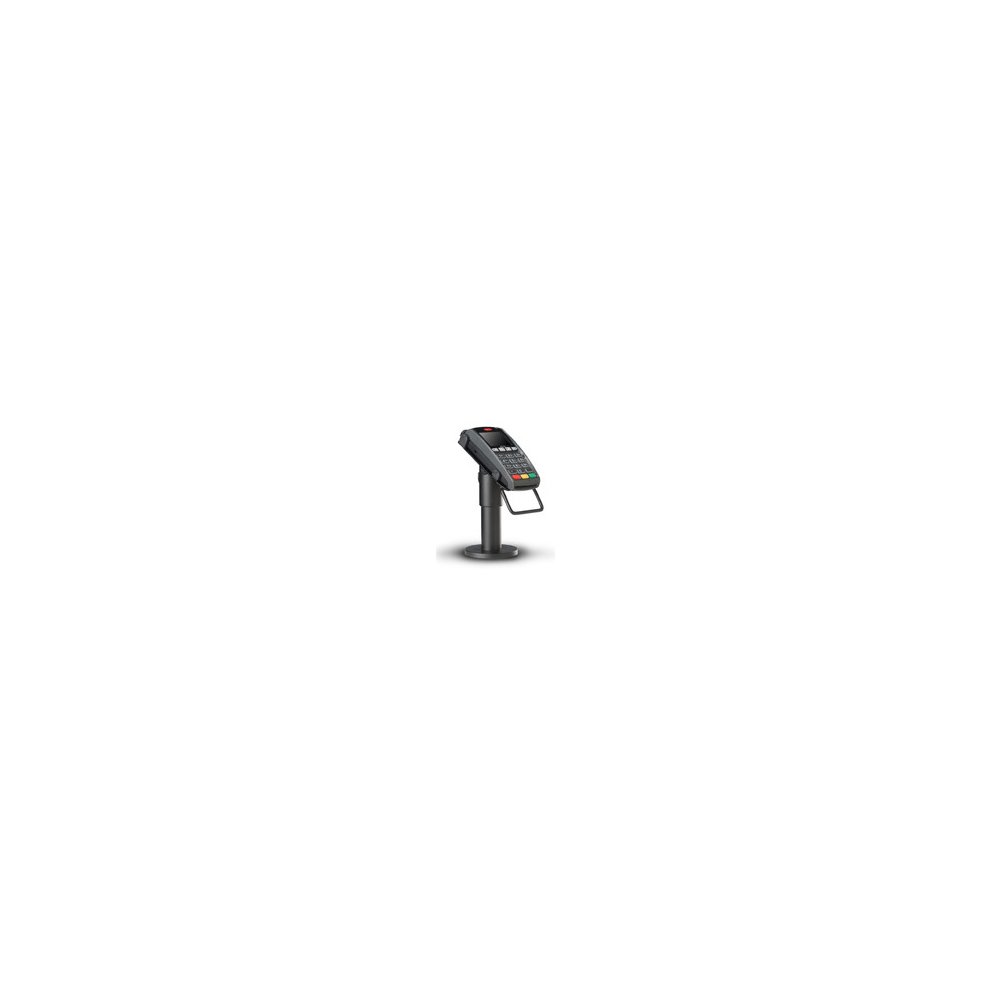 Compact black payment terminal mounted on a sturdy stand, featuring a keypad and screen, designed for ergonomic use with DuraTilt® technology for adjustable viewing angles.