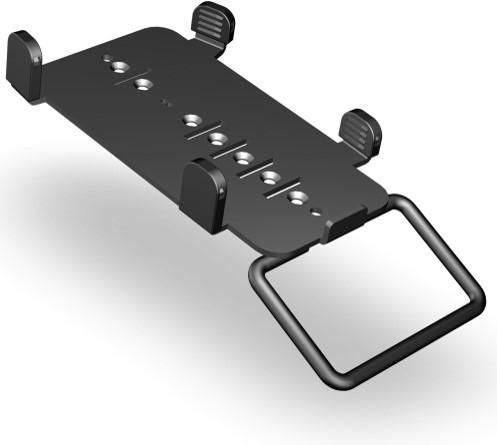 Black ergonomic mounting bracket designed for Ingenico Lane-3000 payment terminals, featuring adjustable grips and a sturdy handle for easy attachment to desks.