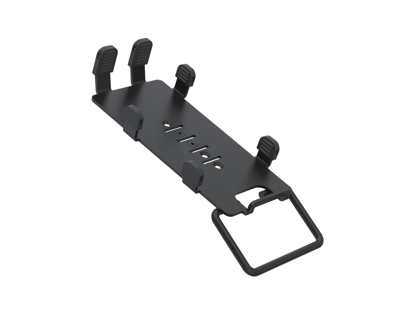 Black metal multi-grip holder designed for Ingenico RX5000, featuring four rubberized grips for secure device placement and a sturdy handle for easy transport.
