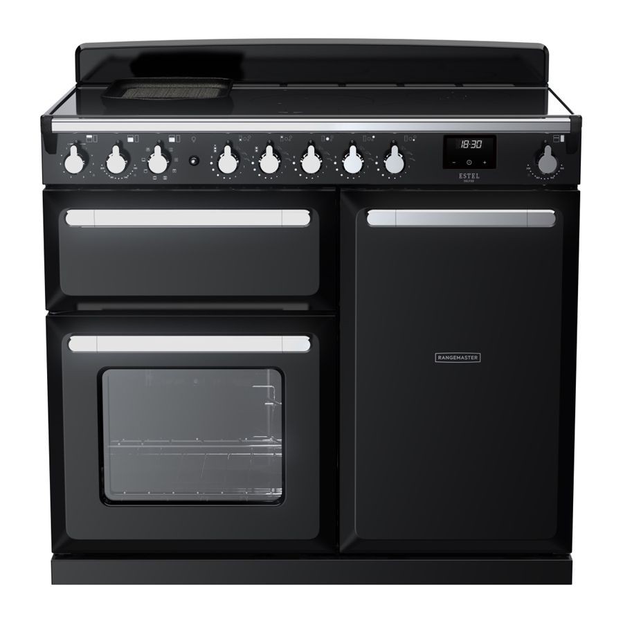 Black and chrome Estel Deluxe 100cm induction range cooker featuring five control knobs, a large oven with a glass door, and a sleek, modern design.