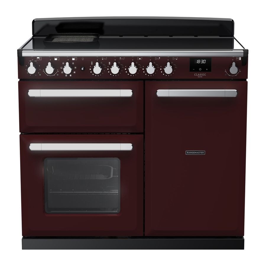 Bordeaux and chrome Rangemaster Estel Deluxe 100cm induction range cooker featuring a sleek design, five control knobs, a large oven, and a smooth black glass top.