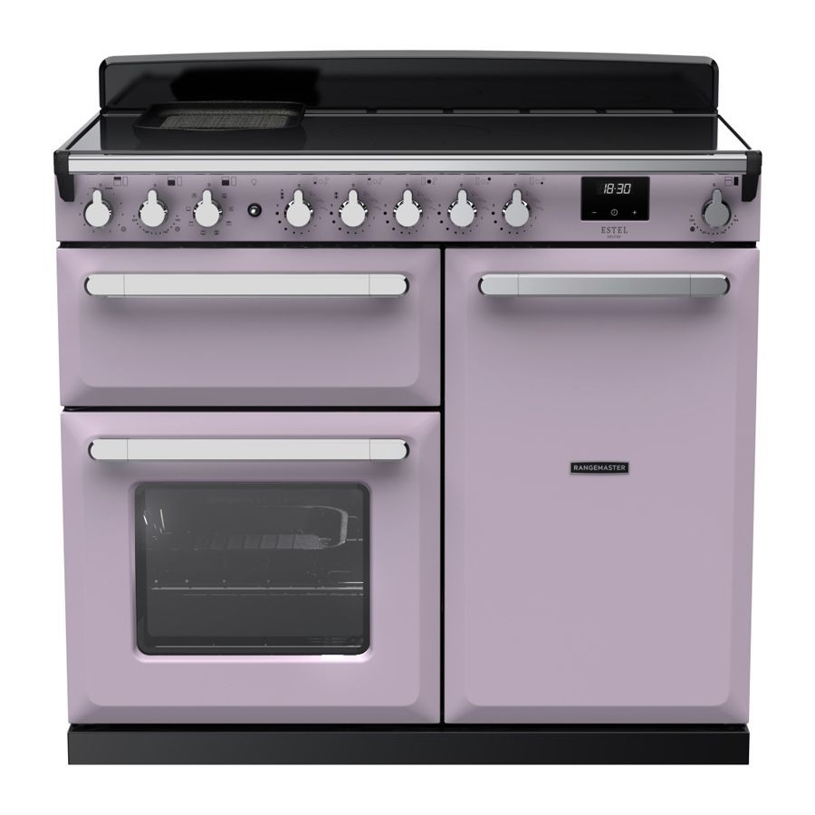 Rangemaster Estel Deluxe 100cm induction range cooker in heather and chrome, featuring a sleek design, multiple knobs, two ovens, and a black glass top with a griddle.