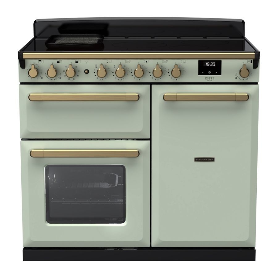 Estel Deluxe 100cm induction range cooker in mint green with antique brass knobs and trim, featuring a black glass top, two ovens, and a digital display.