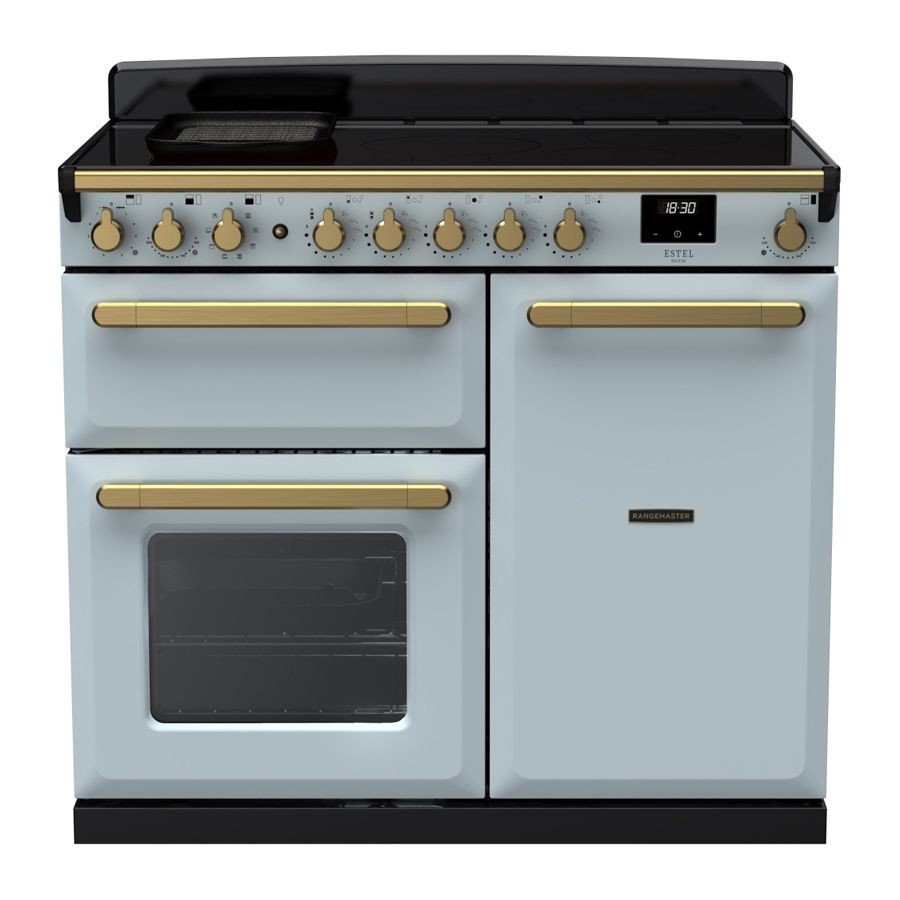 Misty blue induction range cooker with antique brass knobs, featuring a black glass top, two ovens, and a digital display for precise cooking.