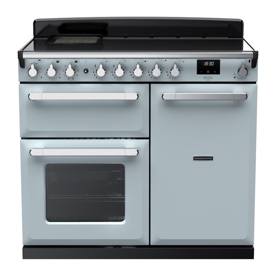 Misty blue and chrome 100cm induction range cooker featuring a sleek design, five control knobs, two ovens, and a digital display, showcasing a modern kitchen aesthetic.