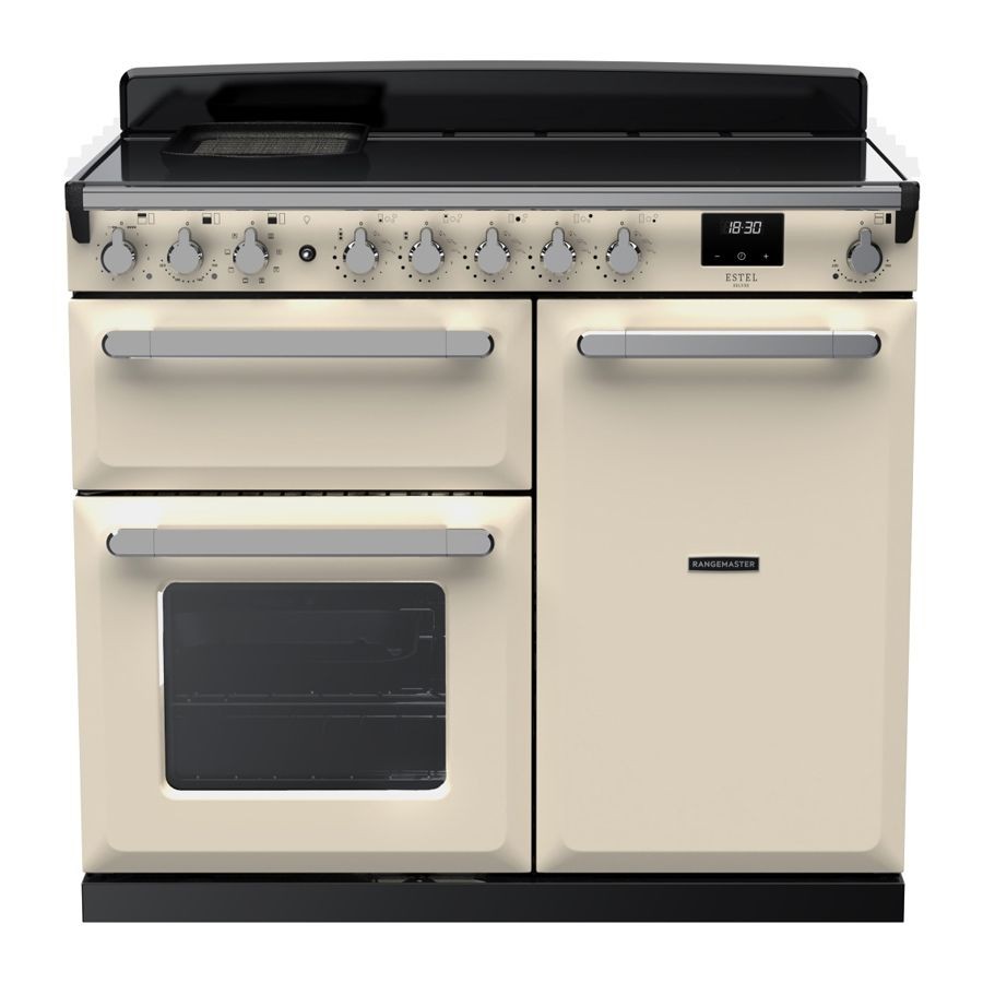 Pale cream induction range cooker with chrome accents, featuring a five-burner cooktop, dual ovens, and stylish control knobs.
