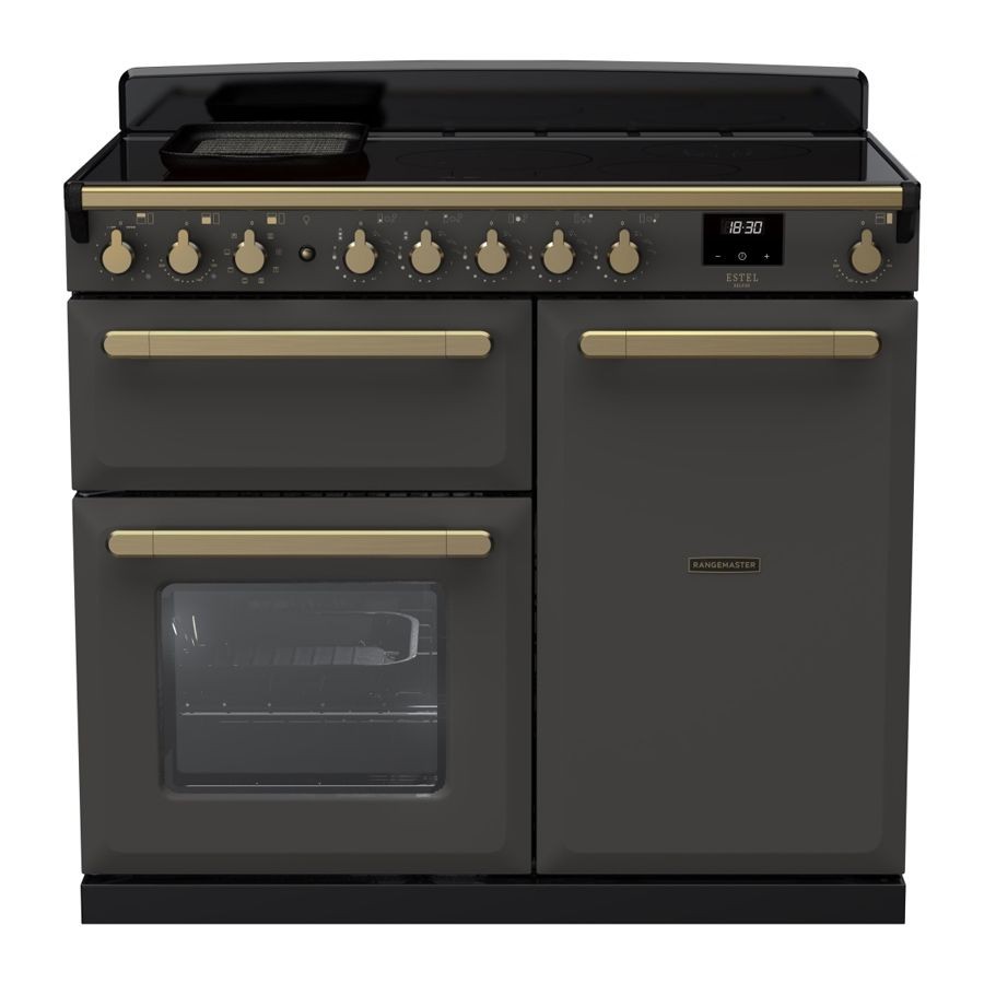 Slate grey induction range cooker with antique brass knobs, featuring a large oven, a sleek black top, and a stylish design by Rangemaster.