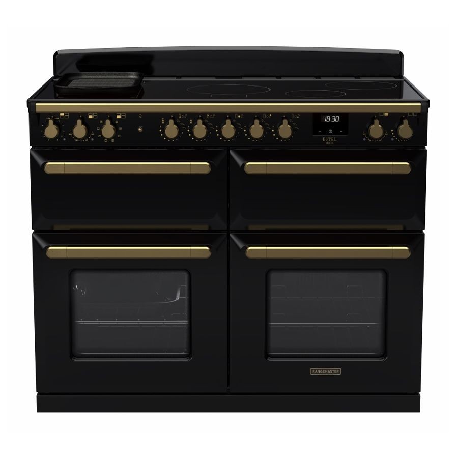 Black and antique brass Rangemaster Estel Deluxe 110cm BC induction range cooker featuring four knobs, dual ovens, and a sleek design with a digital display.
