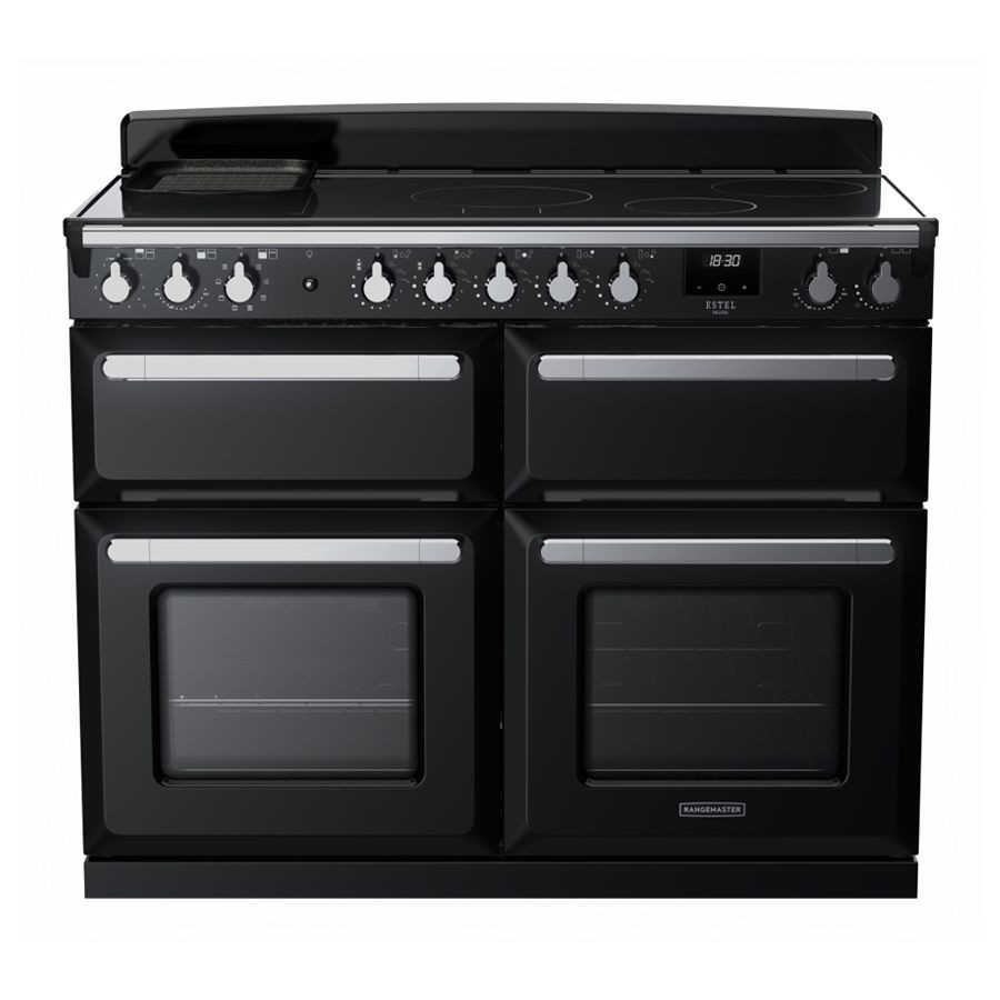 Black and chrome Rangemaster Estel Deluxe 110cm BC induction range cooker featuring four ovens, a sleek control panel with knobs, and a smooth induction cooktop.