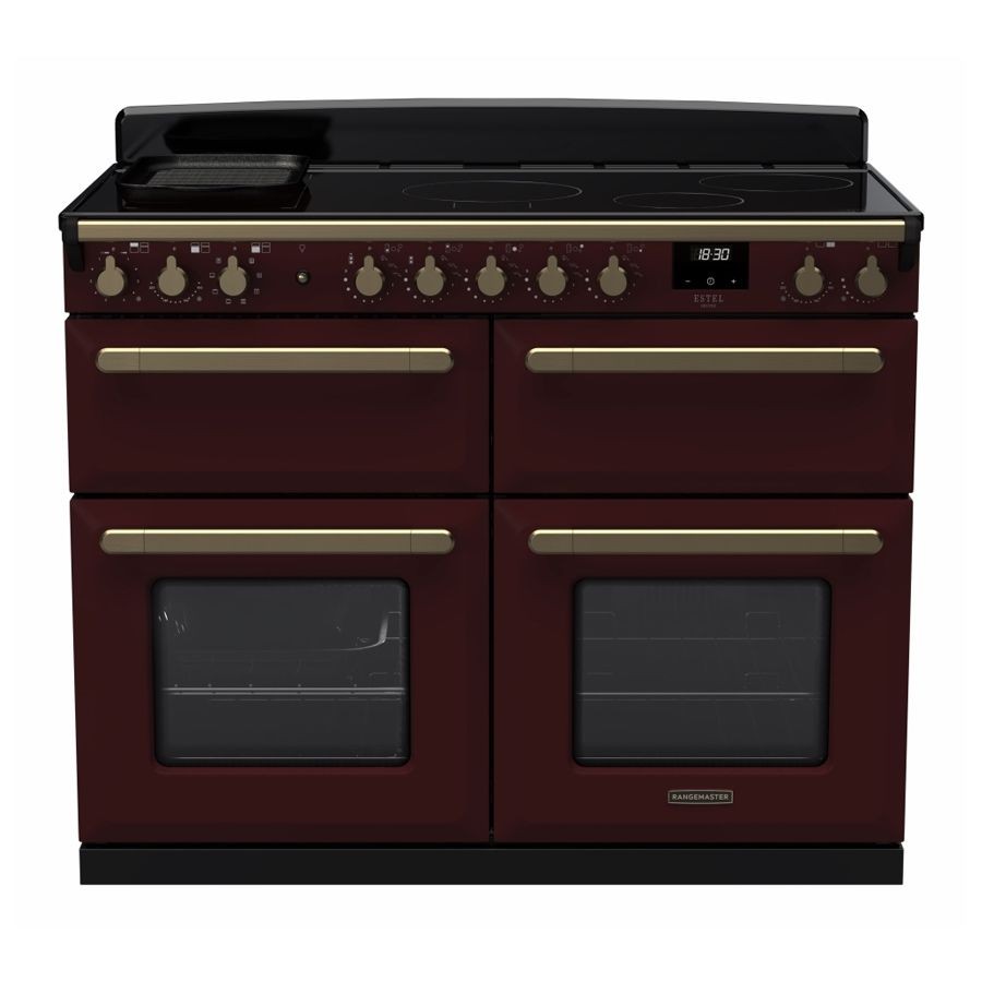 Rangemaster Estel Deluxe 110cm BC induction range cooker in Bordeaux with antique brass accents, featuring four ovens, control knobs, and a sleek black induction hob.