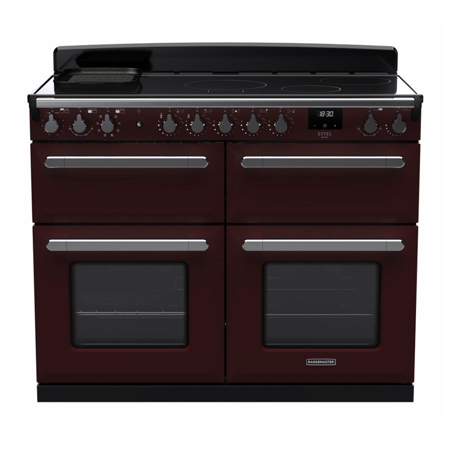 Rangemaster Estel Deluxe 110cm BC induction range cooker in Bordeaux and chrome, featuring four ovens, a sleek black top, and multiple control knobs.