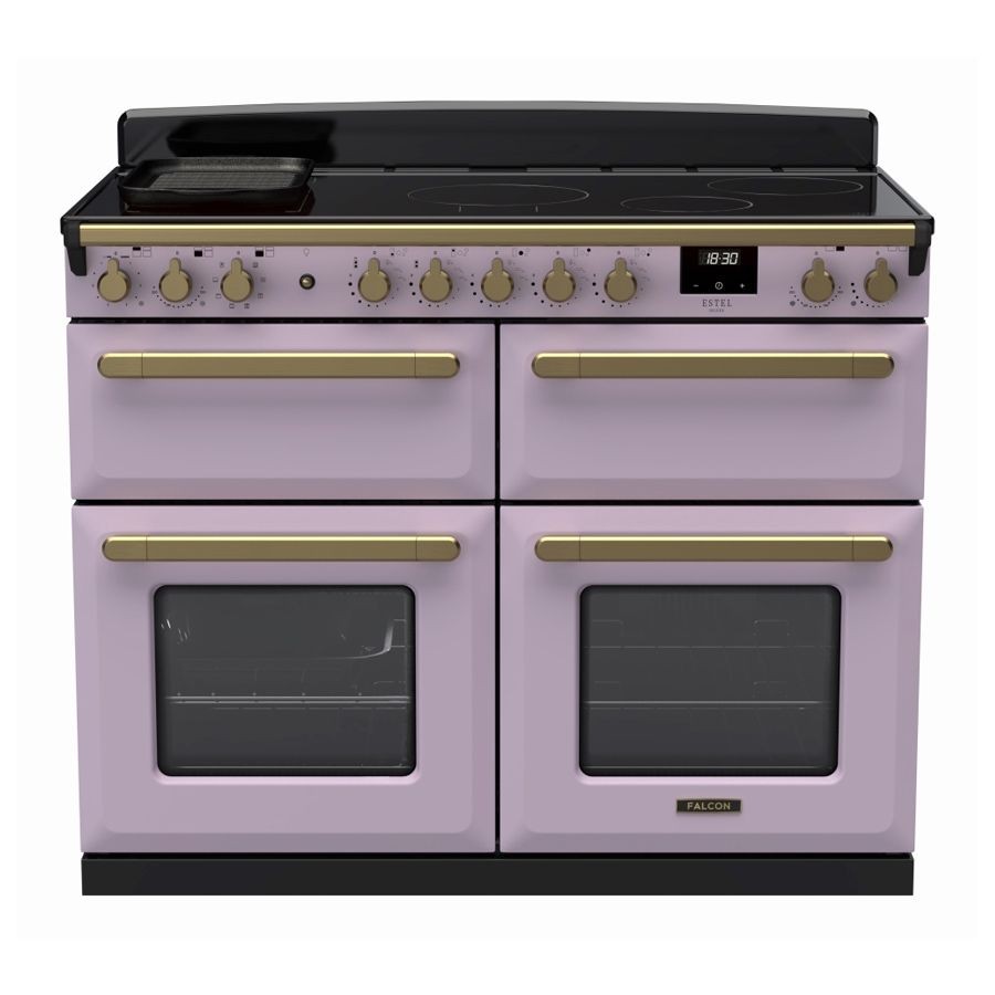 Rangemaster Estel Deluxe 110cm BC induction range cooker in heather with antique brass accents, featuring four ovens, a digital display, and multiple control knobs.