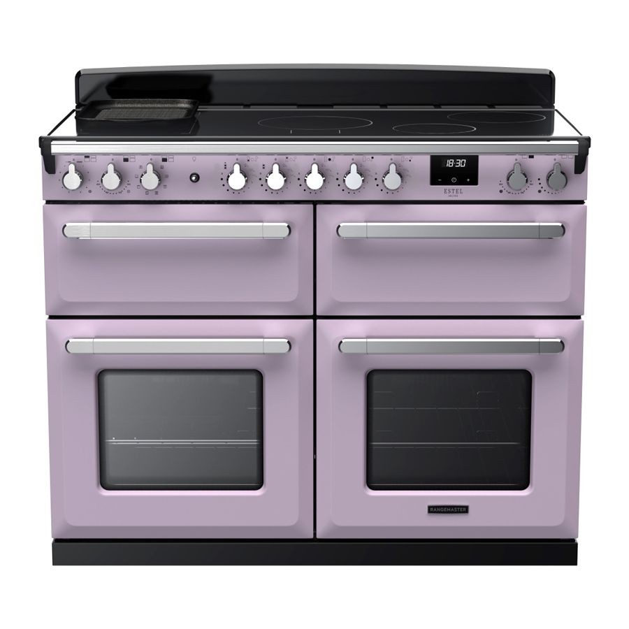 Estel Deluxe 110cm BC induction range cooker in heather and chrome, featuring four ovens, a sleek black induction top, and chrome knobs for precise control.