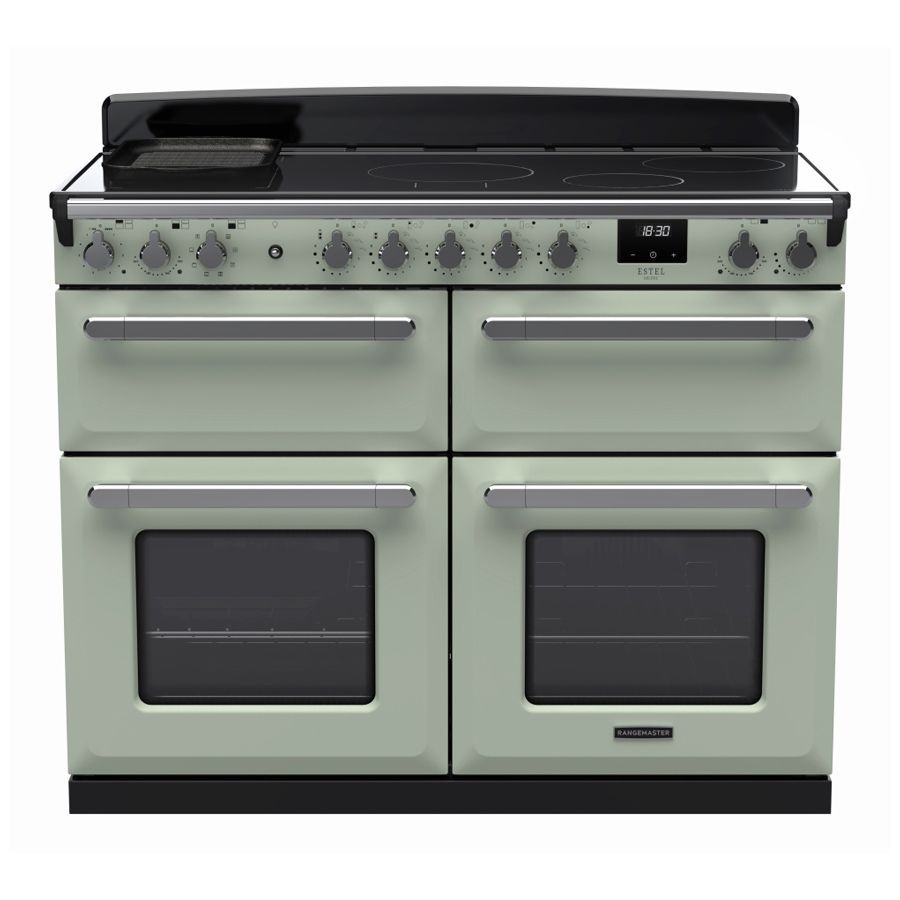 Mint green and chrome Rangemaster Estel Deluxe 110cm BC induction range cooker featuring four ovens, six control knobs, a digital display, and a sleek black induction hob.
