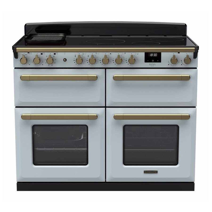 Estel Deluxe 110cm BC Induction Range Cooker in Misty Blue with Antique Brass accents, featuring four ovens, a black induction hob, and stylish control knobs.