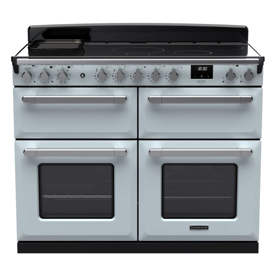 Estel Deluxe 110cm BC Induction Range Cooker in Misty Blue with chrome accents, featuring four ovens, a digital display, and multiple control knobs.
