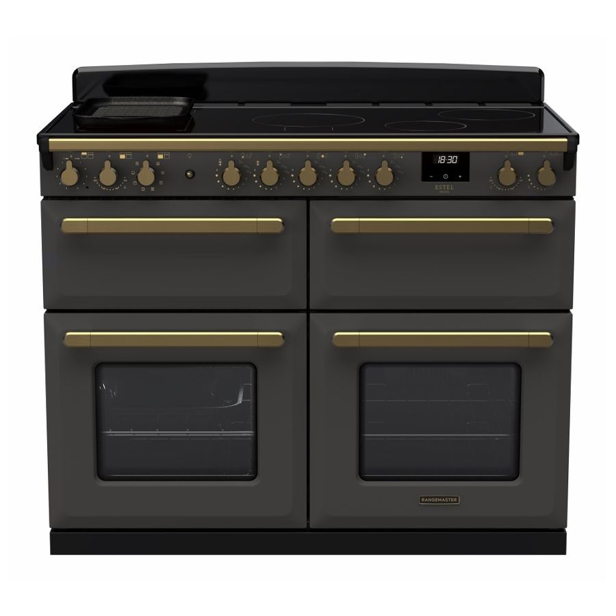 Slate-colored induction range cooker with antique brass knobs and handles, featuring four ovens and a digital display, designed by Rangemaster.