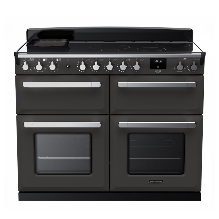 Slate and chrome 110cm BC induction range cooker with four oven doors, control knobs, digital display, and smooth cooktop surface.