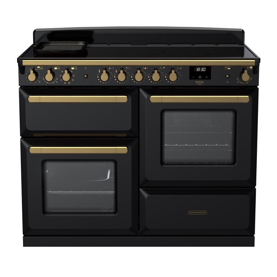 Black induction range cooker with antique brass knobs and trim, featuring two large ovens, a smooth cooking surface, and a digital display.