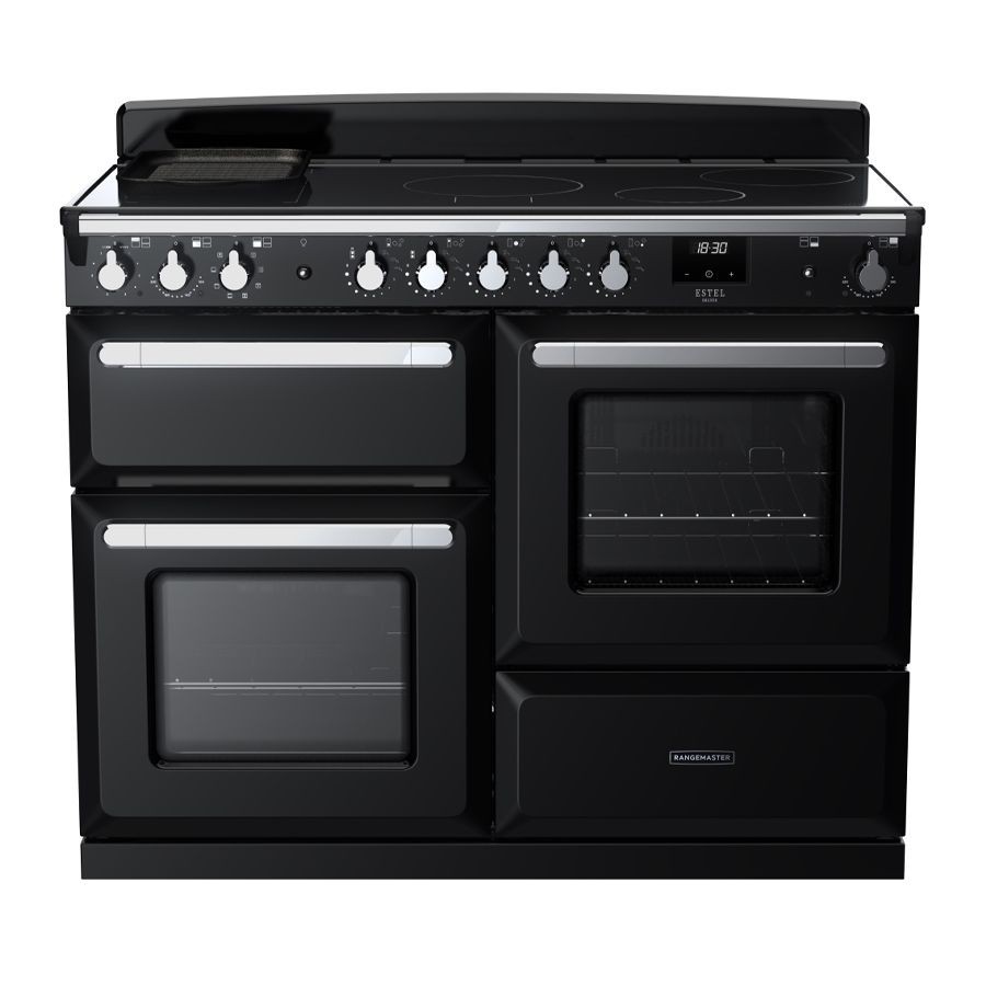 Black and chrome Estel Deluxe 110cm induction range cooker featuring four induction hobs, dual ovens with glass doors, and control knobs for precise temperature settings.