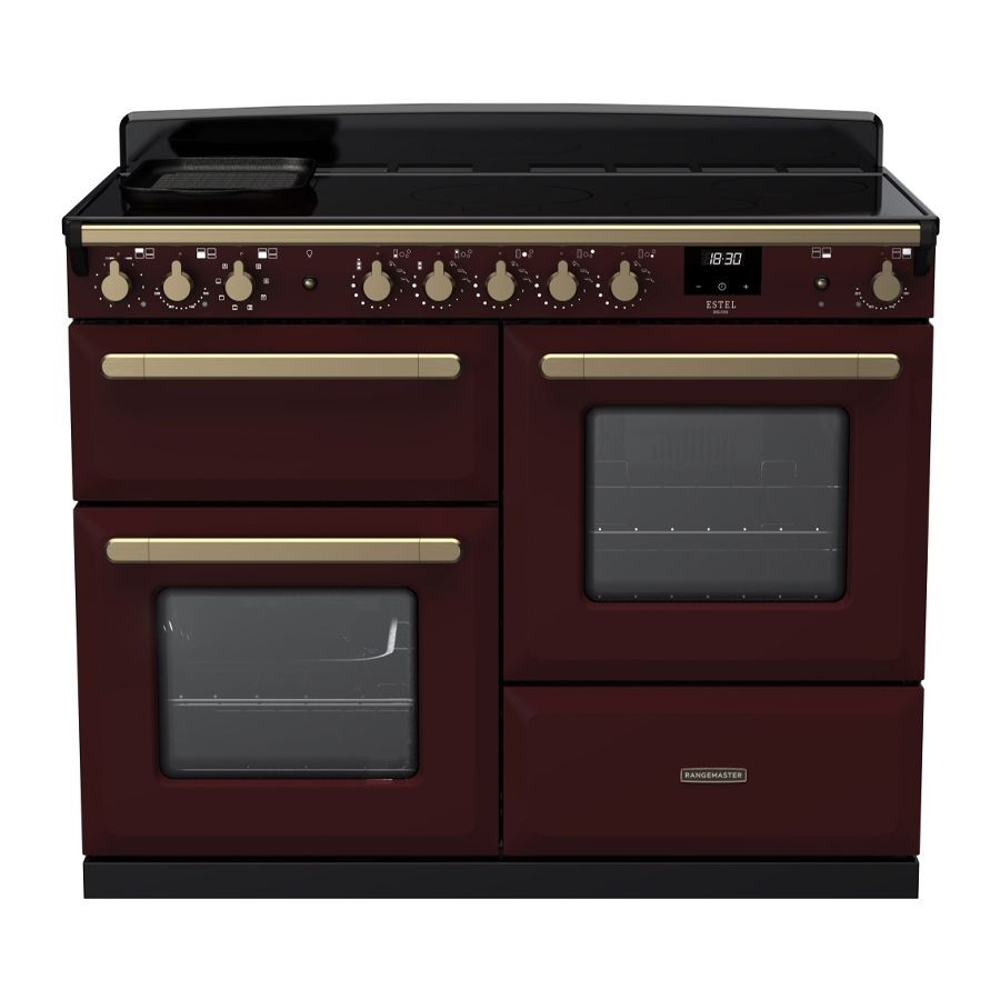 Estel Deluxe 110cm induction range cooker in Bordeaux with antique brass accents, featuring four burners, two ovens, and a sleek black glass top.