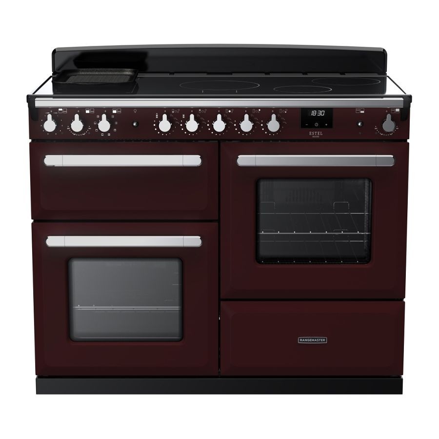 Bordeaux and chrome 110cm induction range cooker featuring four induction zones, two ovens, a sleek black glass top, and prominent control knobs.