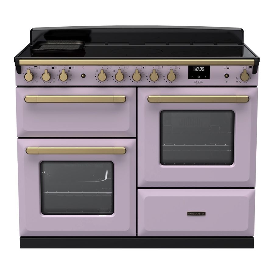 Estel Deluxe 110cm induction range cooker in heather with antique brass accents, featuring four ovens, control knobs, and a digital display.