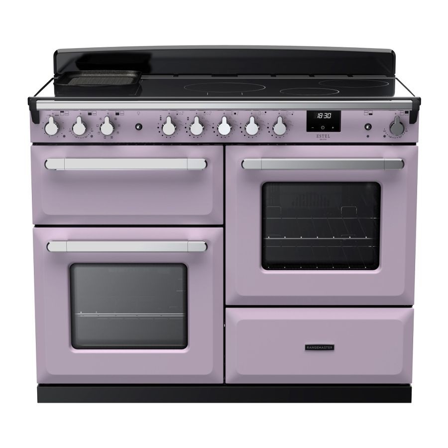 Rangemaster Estel Deluxe 110cm induction range cooker in heather and chrome, featuring a sleek black glass top, multiple dials, and two ovens with a modern design.
