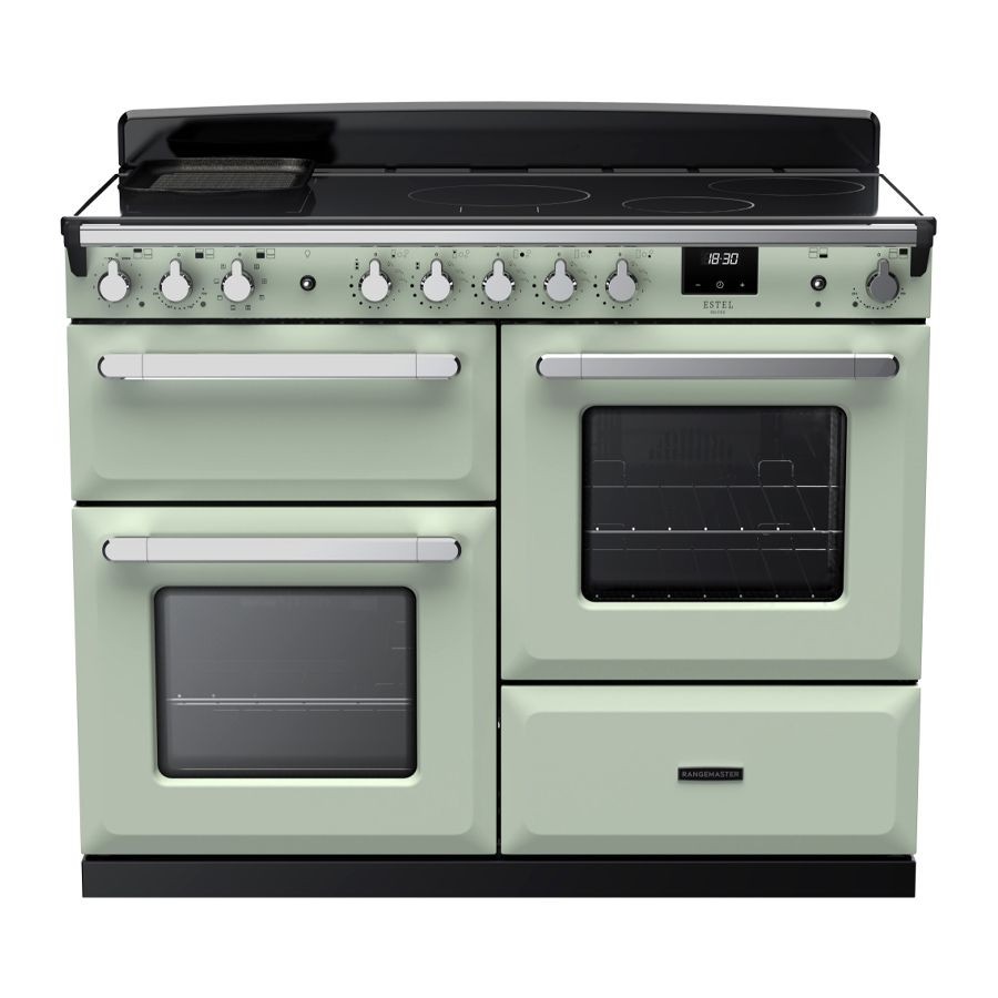 Mint green and chrome Rangemaster Estel Deluxe 110cm induction range cooker featuring four induction zones, two ovens, and a sleek black glass top with control knobs.