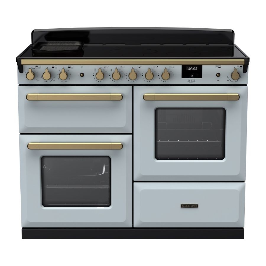 Estel Deluxe 110cm induction range cooker in misty blue with antique brass accents, featuring two ovens, a five-burner cooktop, and a digital display.