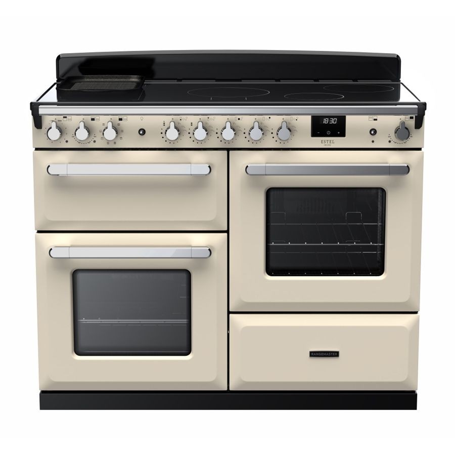 Pale cream and chrome Rangemaster Estel Deluxe 110cm induction range cooker featuring four induction zones, dual ovens, and a digital display with control knobs.