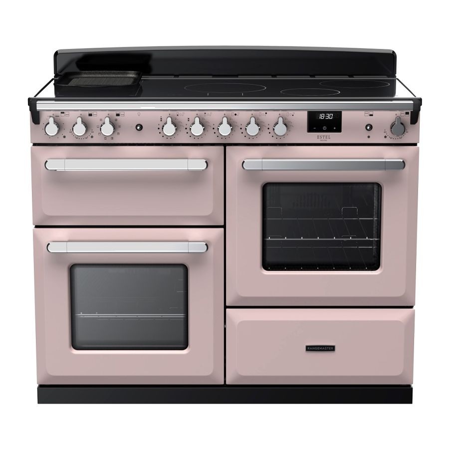 Pale pink and chrome 110cm induction range cooker featuring four burners, two ovens, a sleek black top, and control knobs for precise temperature settings.