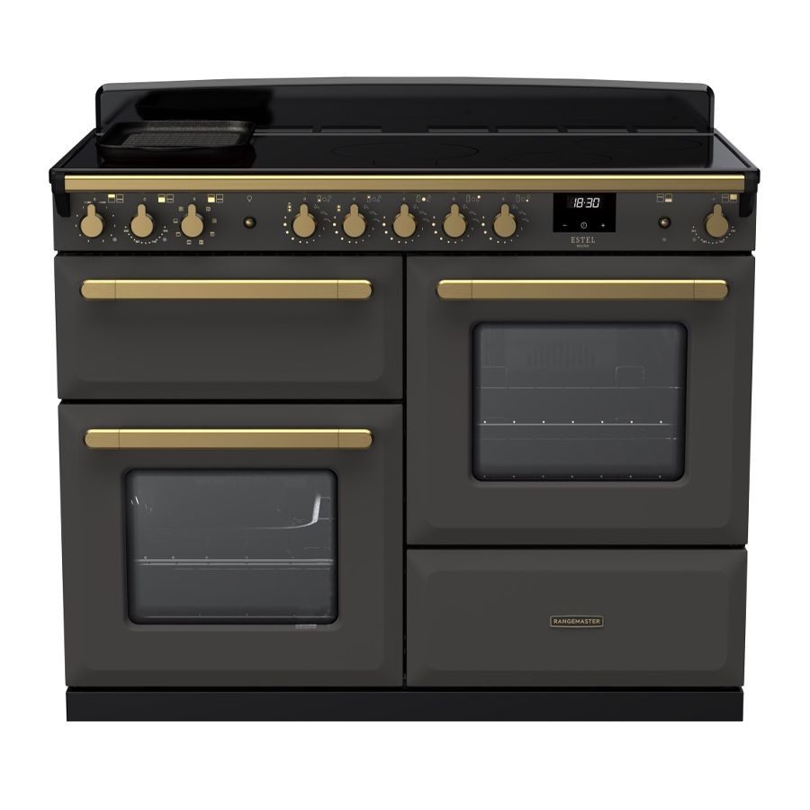 Stylish slate-colored induction range cooker with antique brass knobs, featuring two ovens, a digital display, and a sleek black cooktop.