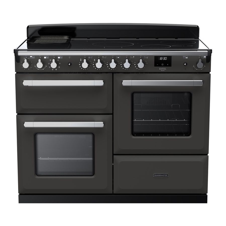 Slate grey induction range cooker with chrome accents, featuring four control knobs, two ovens, and a sleek, modern design, measuring 110cm in width.
