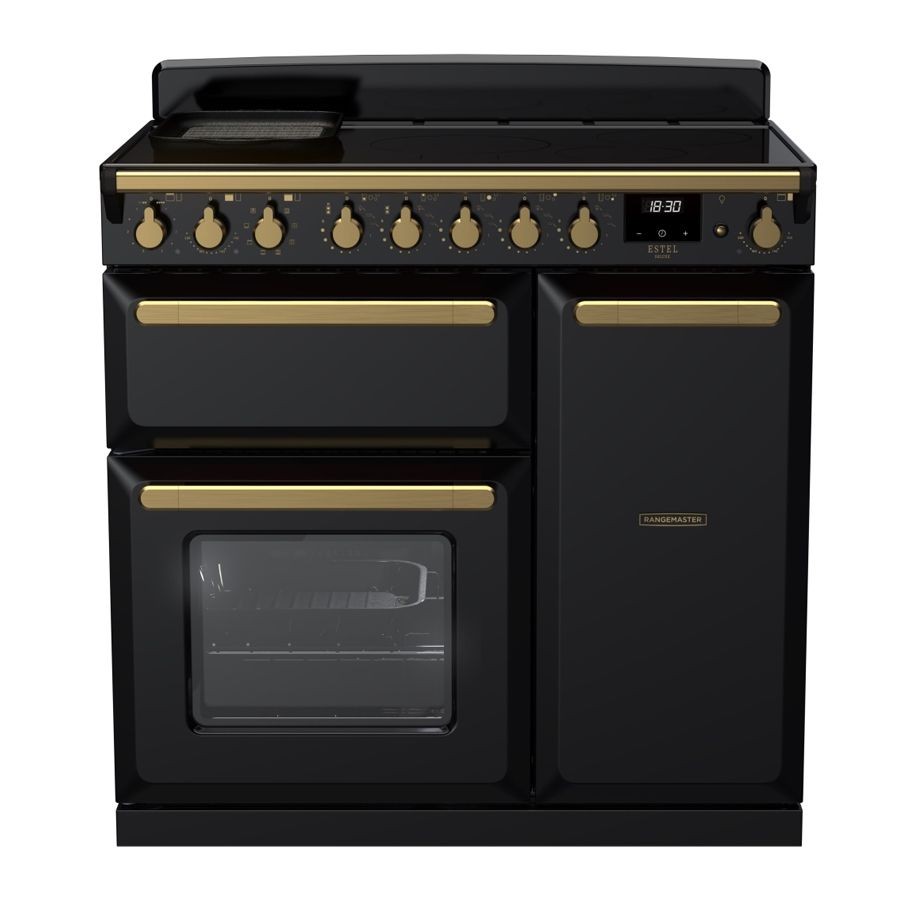 90cm black induction range cooker with antique brass knobs, featuring a digital display, two ovens, and a sleek design, perfect for modern kitchens.