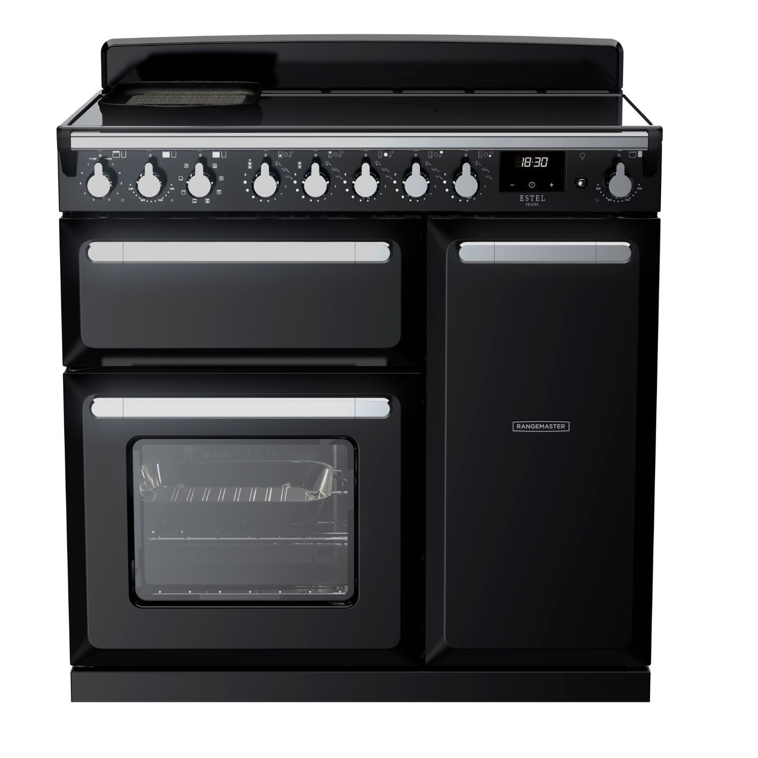 Black and chrome Estel Deluxe 90cm induction range cooker featuring five control knobs, two ovens with glass doors, and a sleek, modern design.