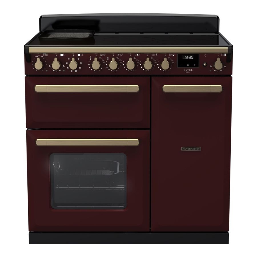 Bordeaux-colored 90cm induction range cooker with antique brass knobs, featuring a digital display, four cooking zones, and a large oven with a glass door.