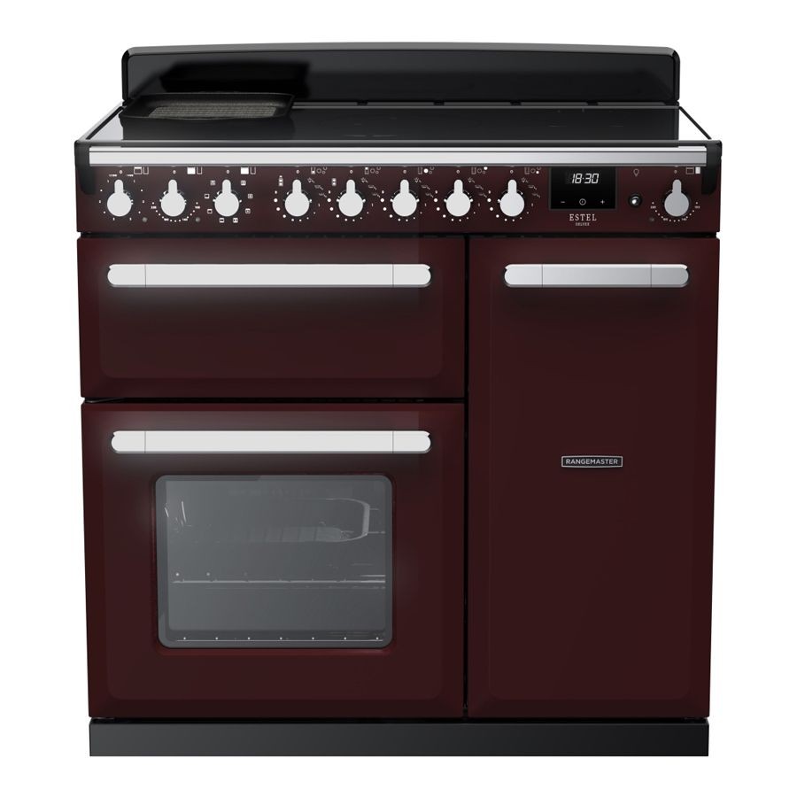 Bordeaux and chrome 90cm induction range cooker featuring a sleek design, multiple control knobs, two ovens, and a smooth induction cooktop.