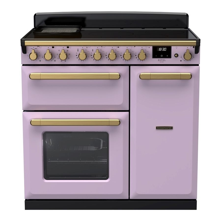 90cm induction range cooker in heather purple with antique brass knobs and trim, featuring a black hob, two ovens, and a digital display for precise cooking control.