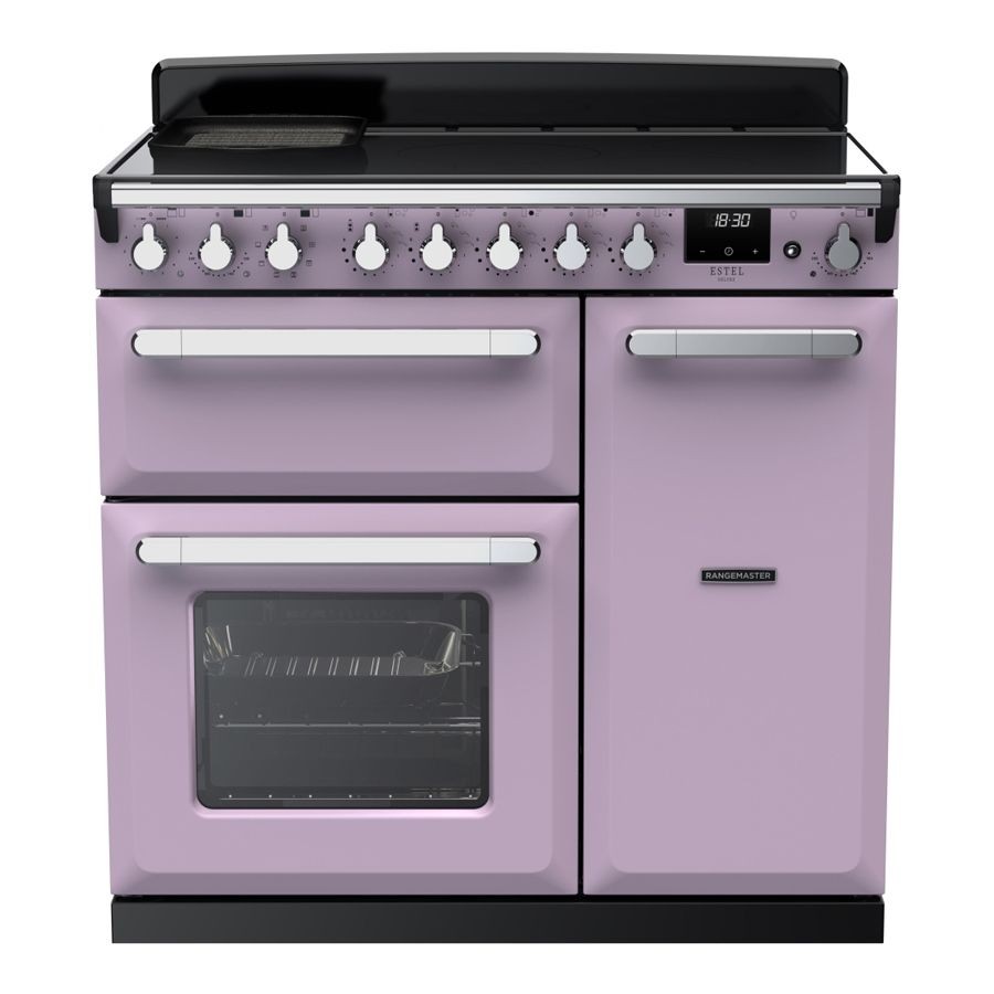 90cm induction range cooker in heather pink with chrome accents, featuring a sleek black top, multiple control knobs, and two ovens with a digital display.