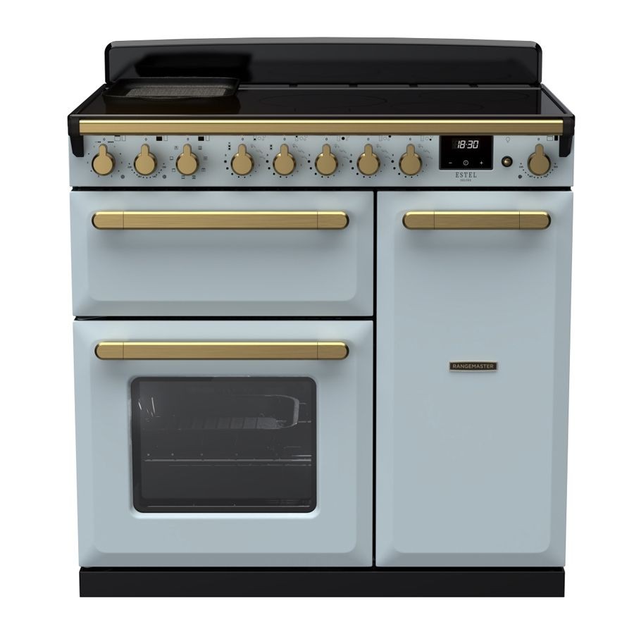 Misty blue induction range cooker with antique brass knobs, featuring a digital display, two ovens, and a sleek black top.