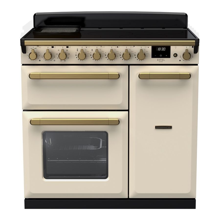 Pale cream induction range cooker with antique brass knobs, featuring a black hob, two ovens, and a digital display for precise cooking control.