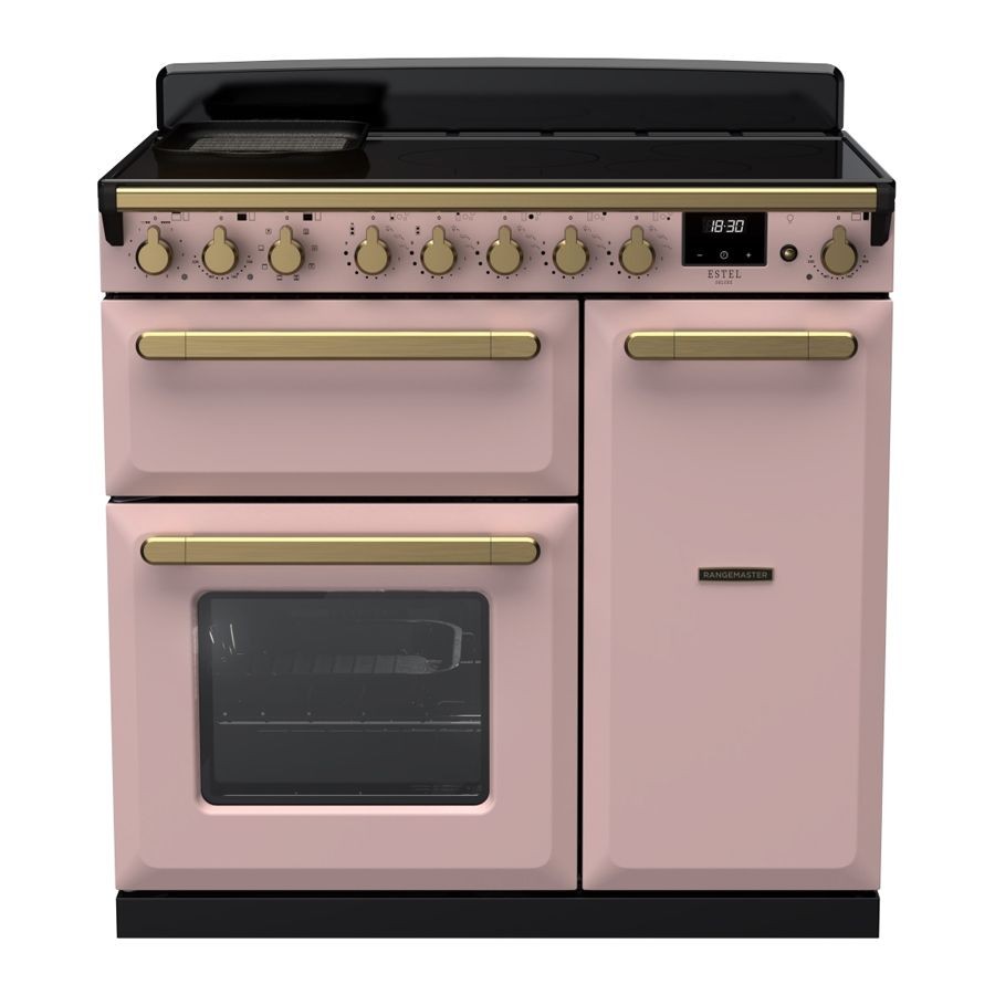 90cm pale pink induction range cooker with antique brass knobs, featuring a black cooktop, two oven doors, and a digital display.
