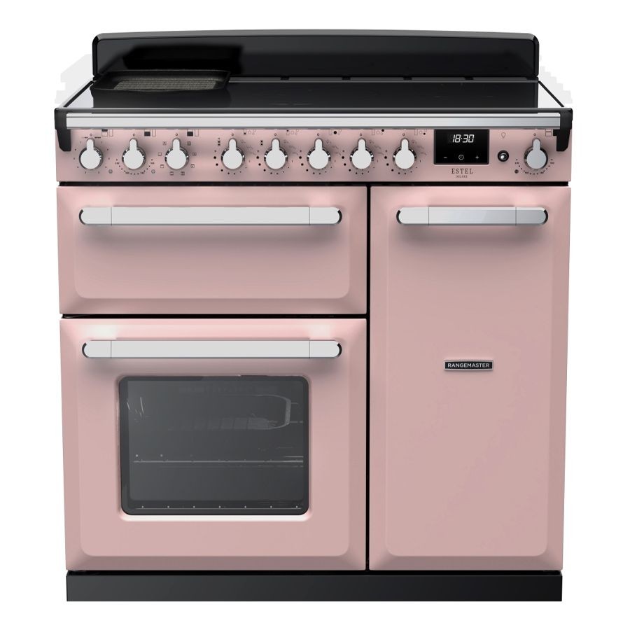 Pale pink and chrome 90cm induction range cooker featuring a black ceramic hob, multiple knobs, a digital display, and two ovens with glass doors.