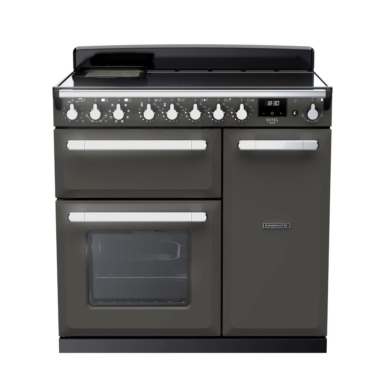 Slate grey induction range cooker with chrome accents, featuring a sleek glass top, multiple control knobs, two ovens, and a digital display.