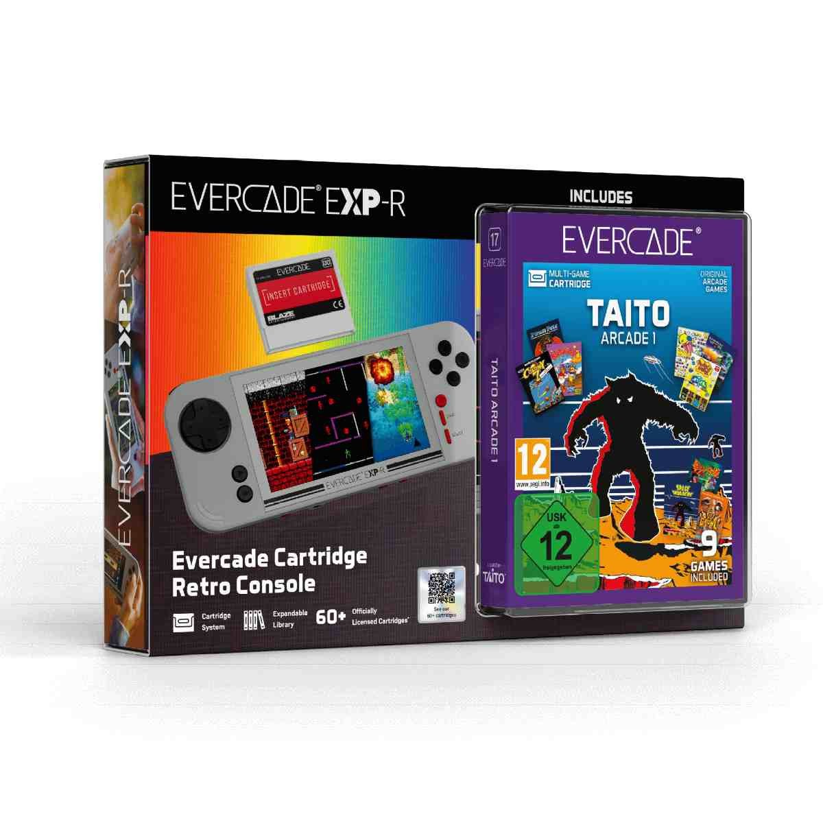 Evercade EXP-R retro console in gray with a colorful gradient box, featuring Taito Arcade 1 cartridge, showcasing vibrant game graphics and retro design elements.