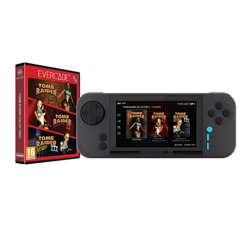 Black handheld gaming console with a color screen displaying Tomb Raider games, accompanied by a box for the Tomb Raider Collection featuring iconic characters and game titles.