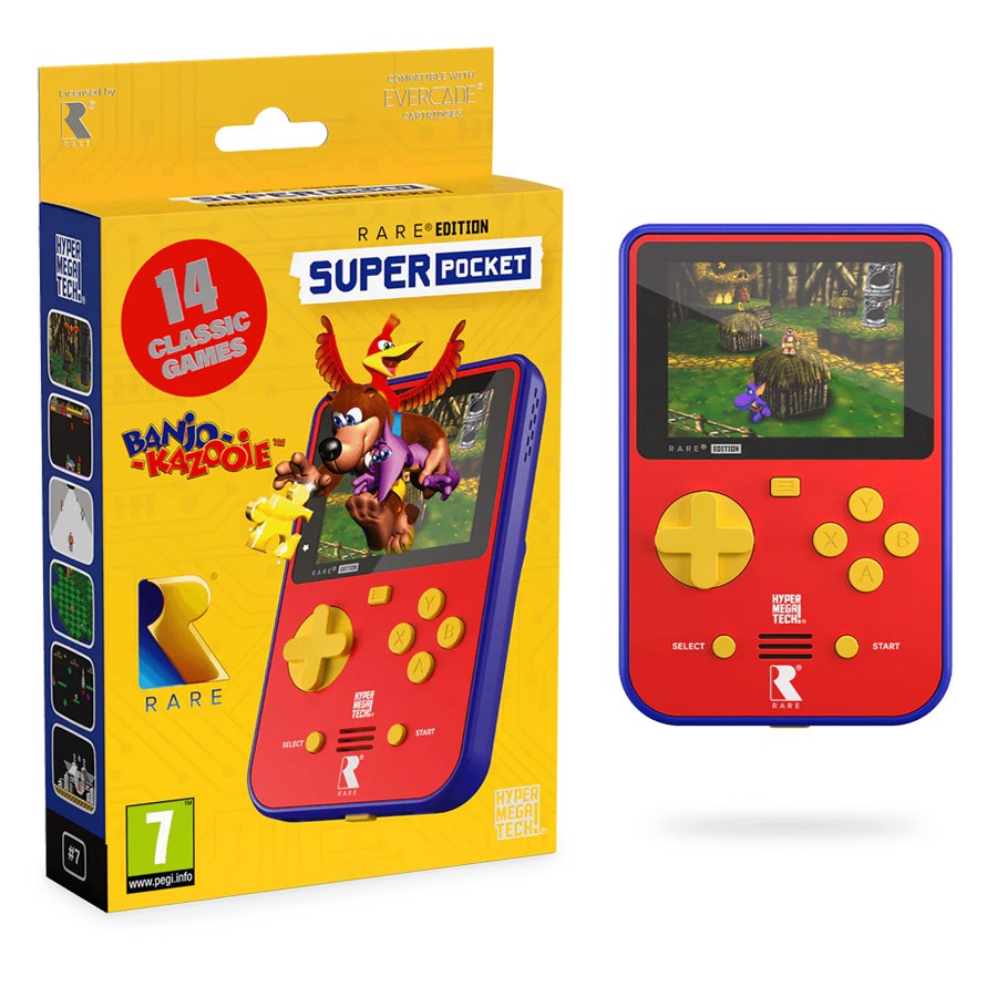 Bright red handheld gaming console with a blue border, featuring a screen displaying a game scene, and a yellow control pad with buttons, packaged in a colorful box showcasing "Banjo-Kazooie."